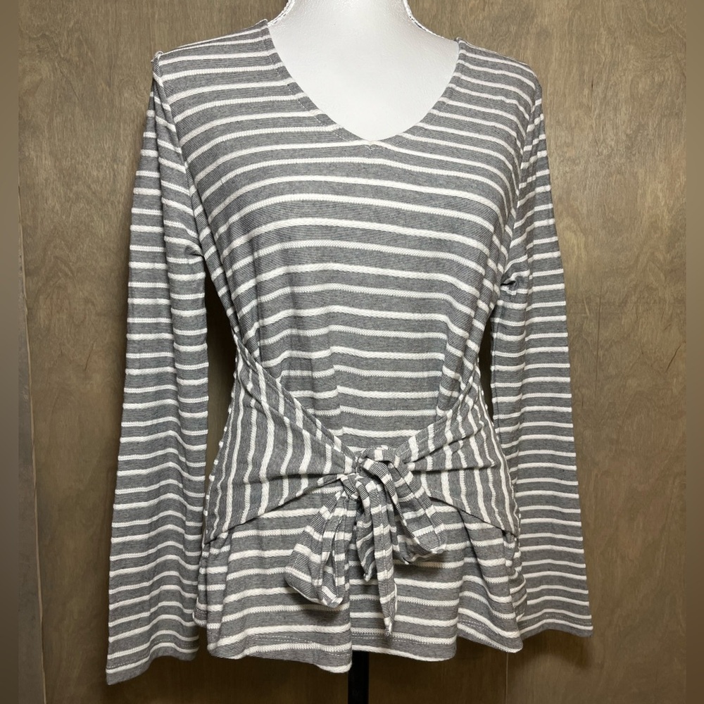 a new day Grey & White Long Sleeved Striped Front Tie Top S